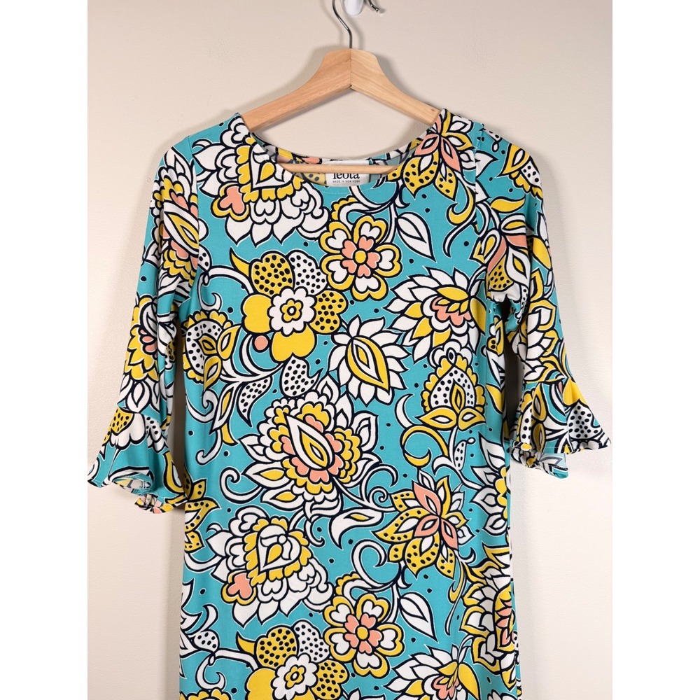 Leota Floral Paisley Ruffle Sleeve Shift Dress Teal Yellow XS Made in NY - Picture 3 of 9